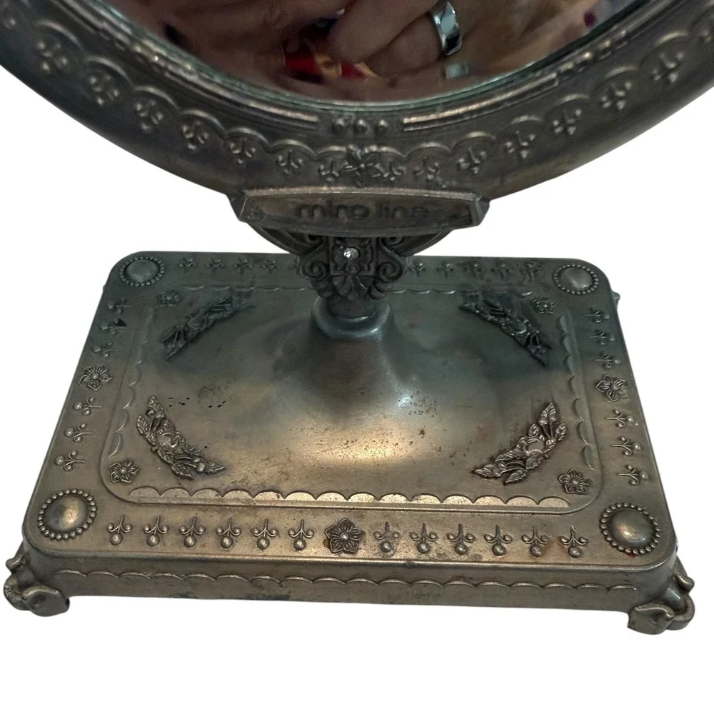 Miro Line Vintage Ornate Vanity Mirror Pewter Tone Swivel Tabletop Oval Mirror
